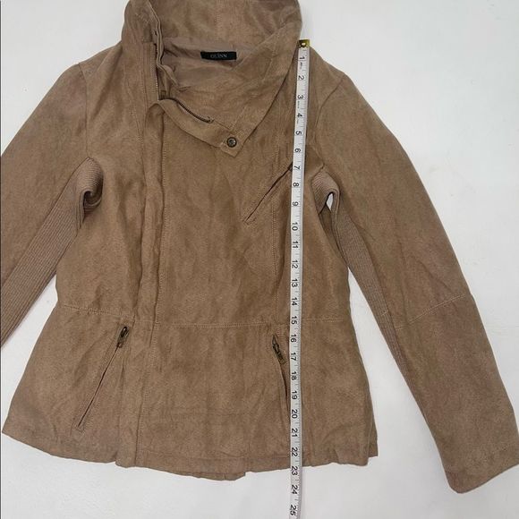 QUINN camel brown tan asymmetrical faux suede zip up jacket long sleeve medium - Picture 6 of 11